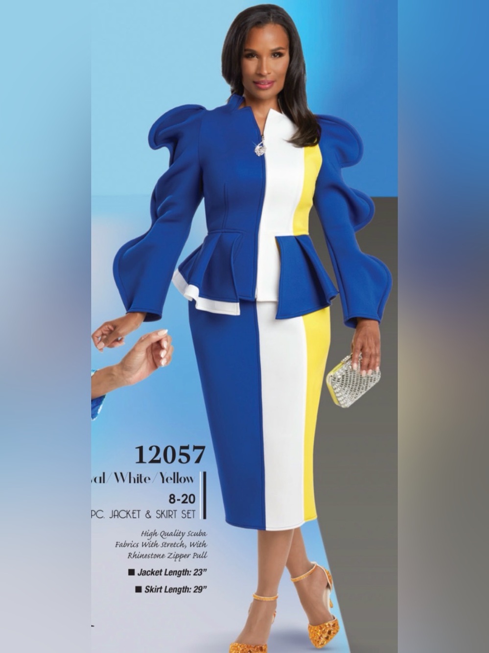 Donna Vinci 2 Pc Skirt Suit Blue White Yellow Colorblock Jacket Skirt Size 8 NWT